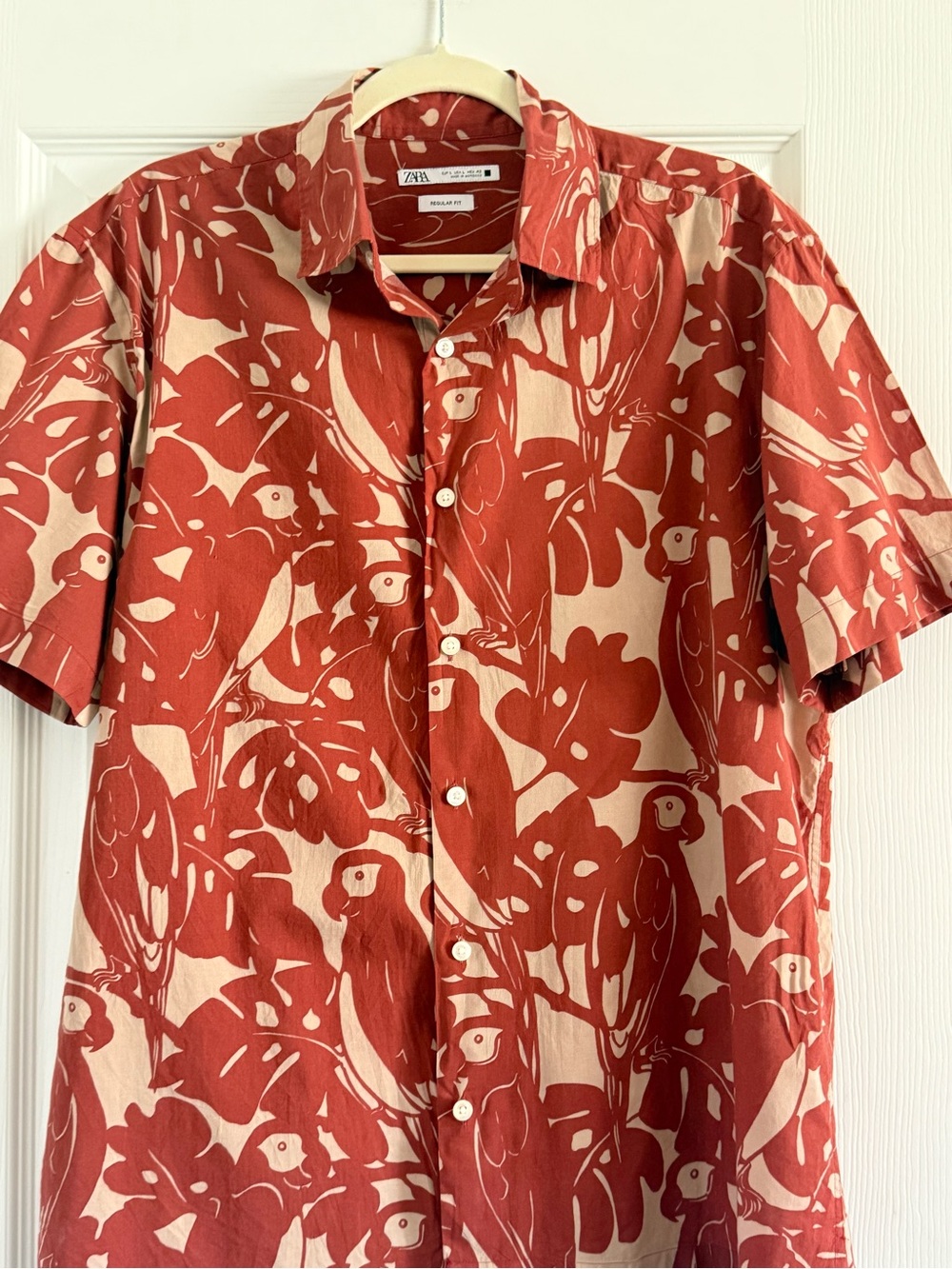 Zara Red and Cream Short-Sleeve Tropical Print Shirt Large - Picture 6 of 7